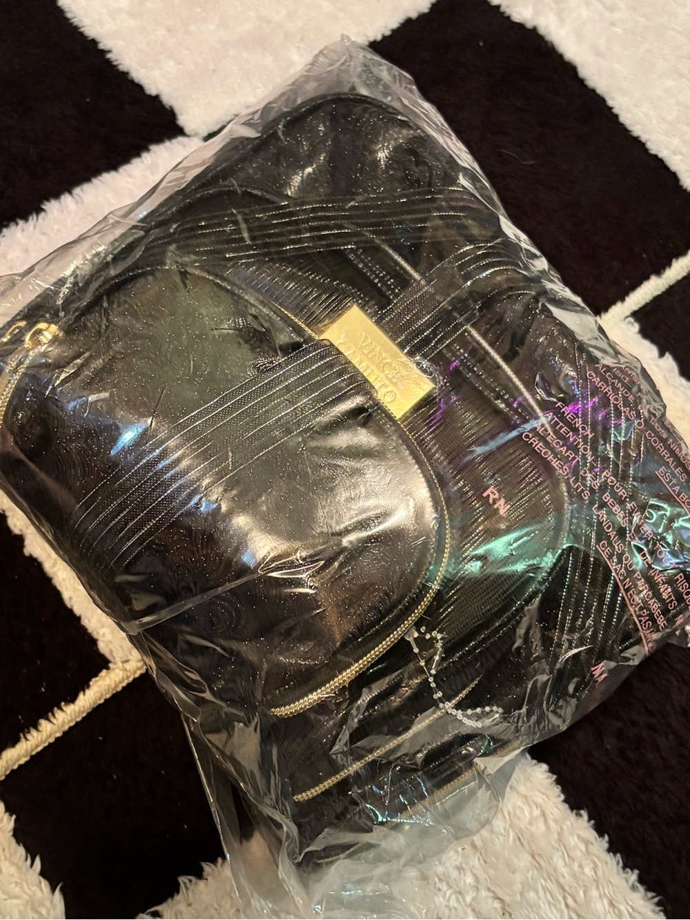 Vince Camuto Black Quilted Shoulder Bag with Gold Plaque